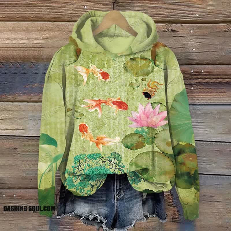 Japanese Goldfish And Lotus Art Print Long Sleeve Hoodie - Green - US44-46(8XL) - image 1