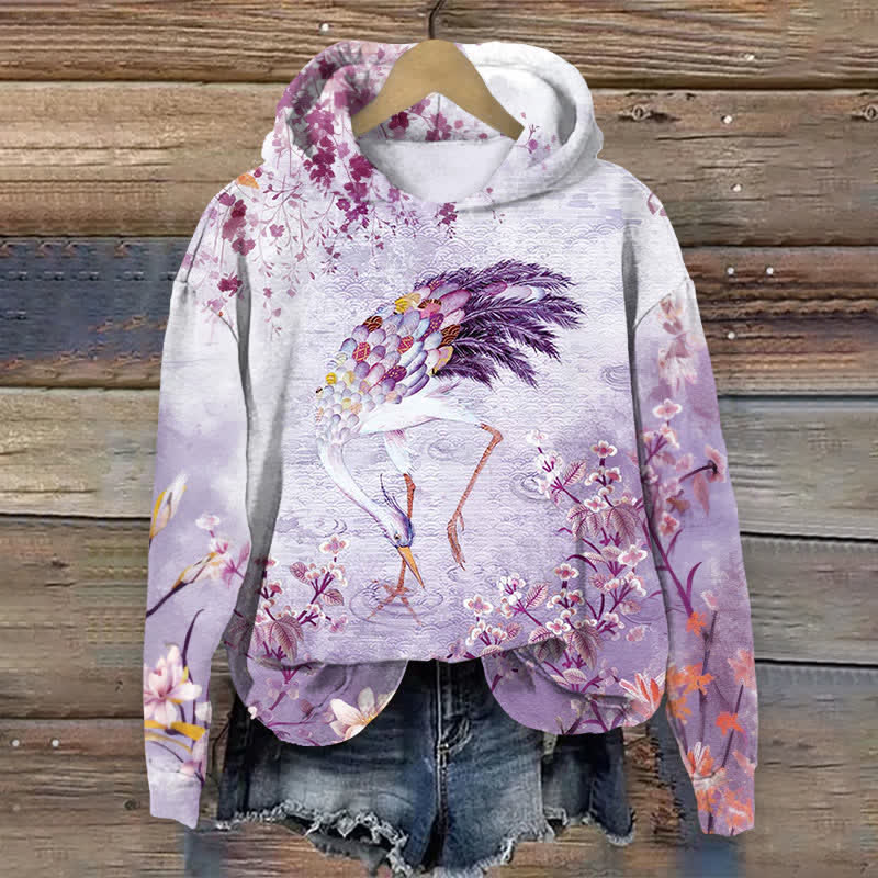 Japanese Crane And Pond Art Print Long Sleeve Hoodie - Purple - US44-46(8XL) - image 1