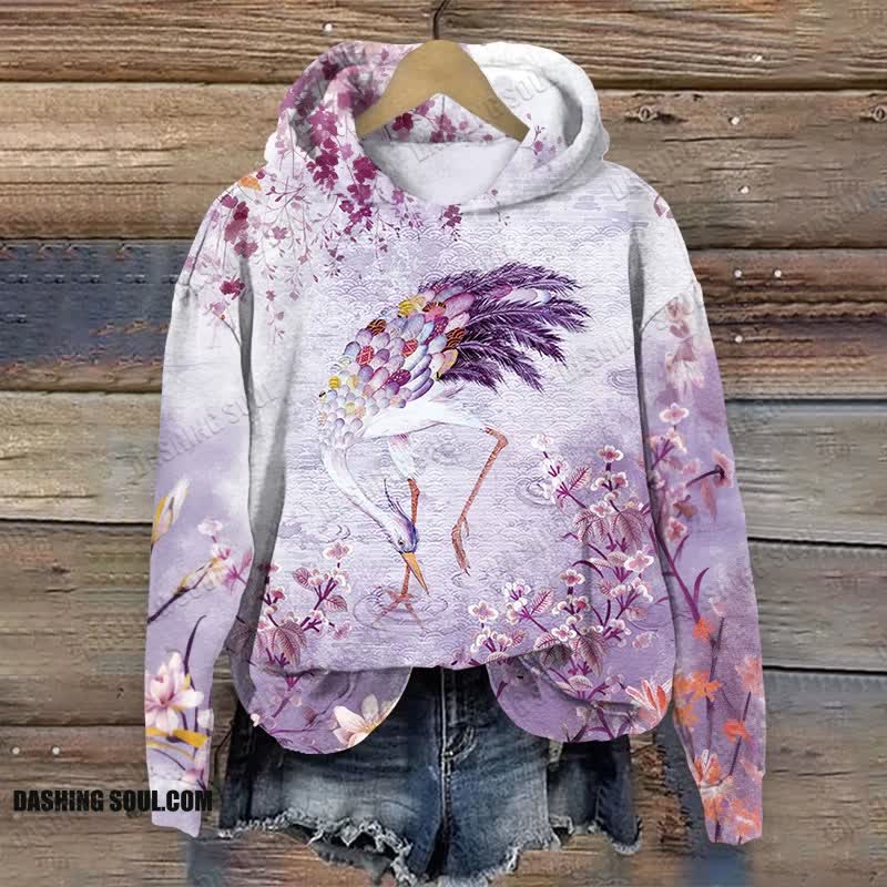 Japanese Crane And Pond Art Print Long Sleeve Hoodie - Purple - US44-46(8XL) - image 1