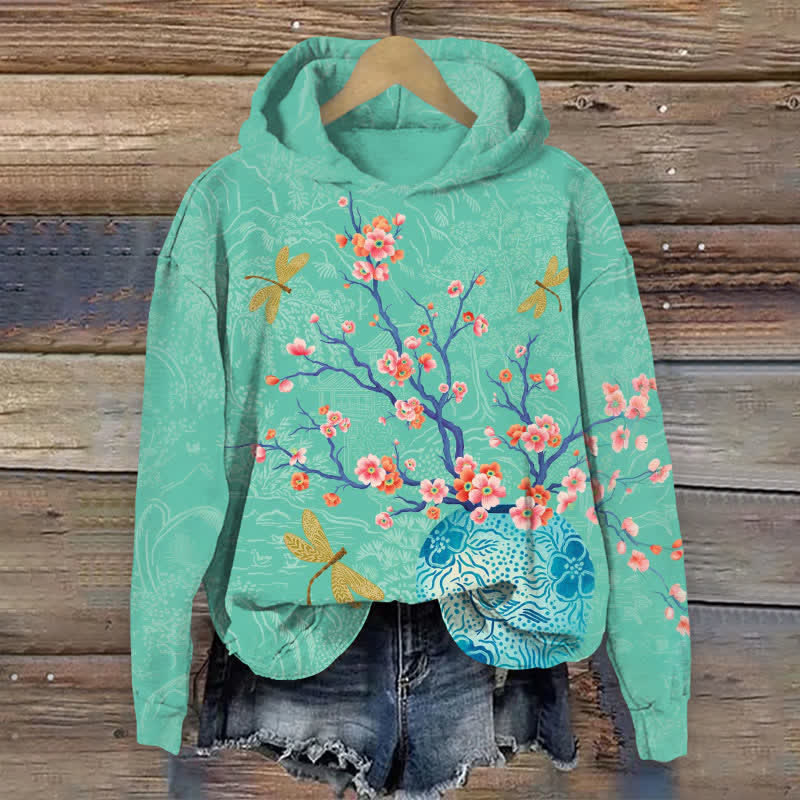 Japanese Flowers And Dragonflies Art Print Long Sleeve Hoodie - Green - US44-46(8XL) - image 1
