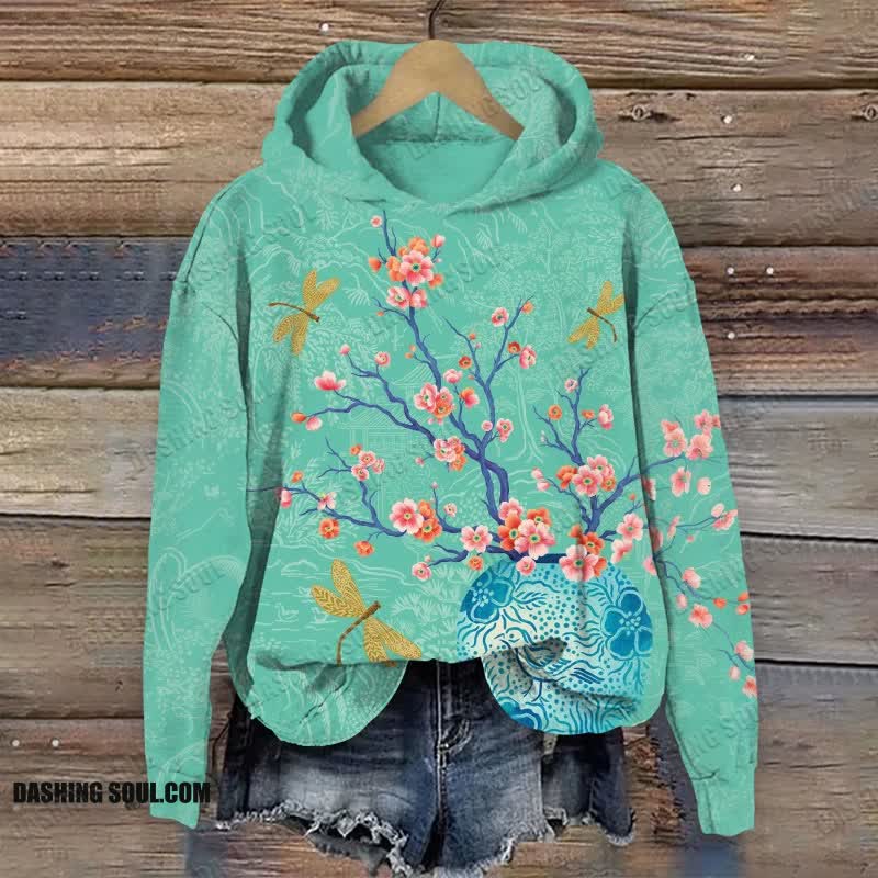Japanese Flowers And Dragonflies Art Print Long Sleeve Hoodie - Green - US44-46(8XL) - image 1