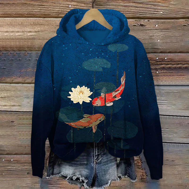 Koi And Lotus Art Print Long Sleeve Hoodie - Dark Blue - US44-46(8XL) - image 1