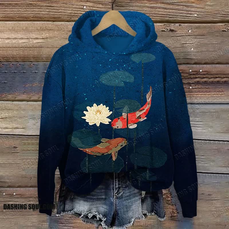 Koi And Lotus Art Print Long Sleeve Hoodie - Dark Blue - US44-46(8XL) - image 1