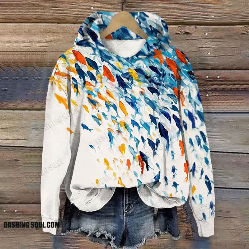 Vintage Abstract Watercolor Fish School Art Print Long Sleeve Hoodie - Beige - US44-46(8XL) - image 1
