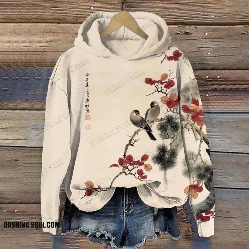 Japanese Vintage Loving Birds On The Tree Print Long Sleeve Hoodie - Apricot - US44-46(8XL) - image 1