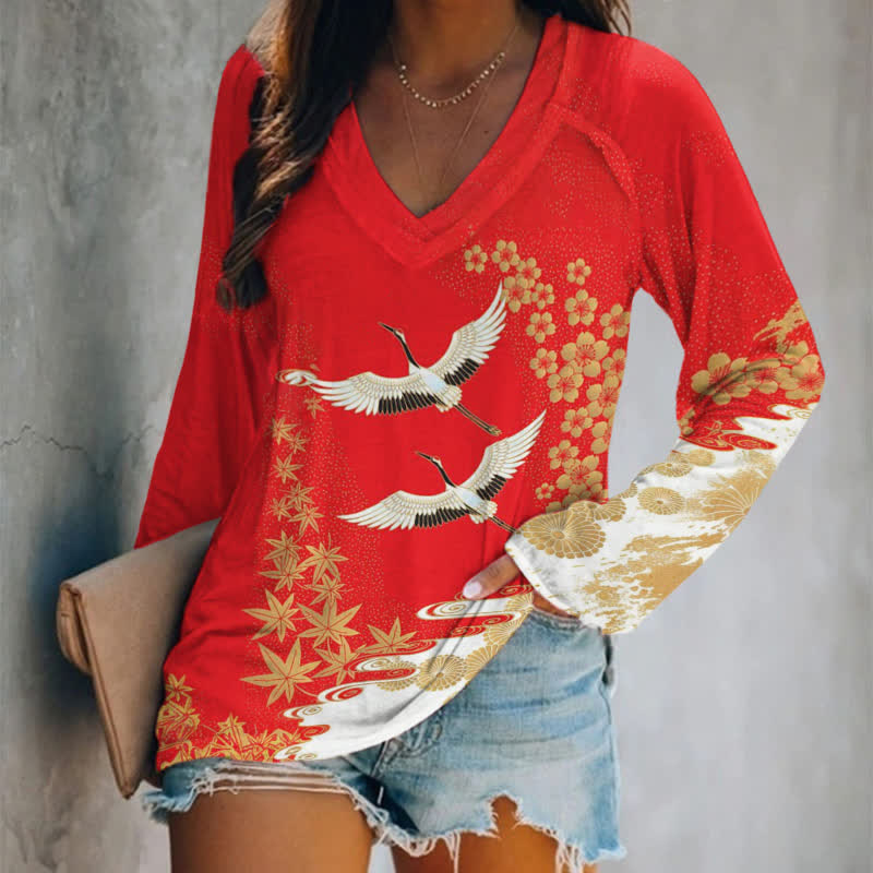 Japanese Style Floral Crane Print Long Sleeve T-shirt - Red - 5XL - image 1