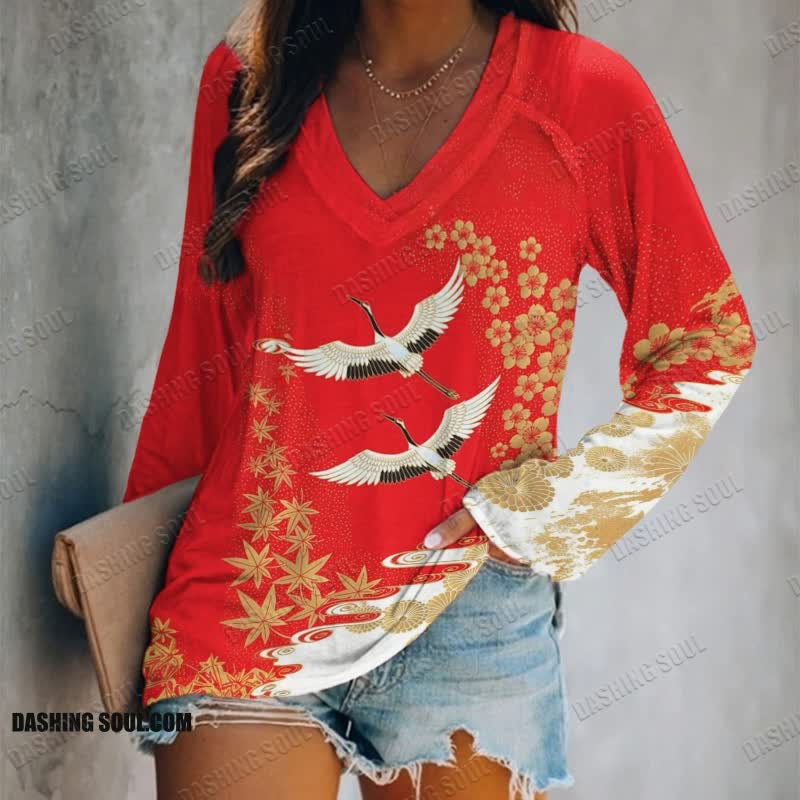 Japanese Style Floral Crane Print Long Sleeve T-shirt - Red - 5XL - image 1