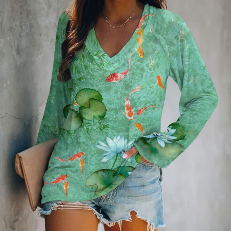 Japanese Koi Art Print Long Sleeve T-shirt - Green - 5XL - image 1