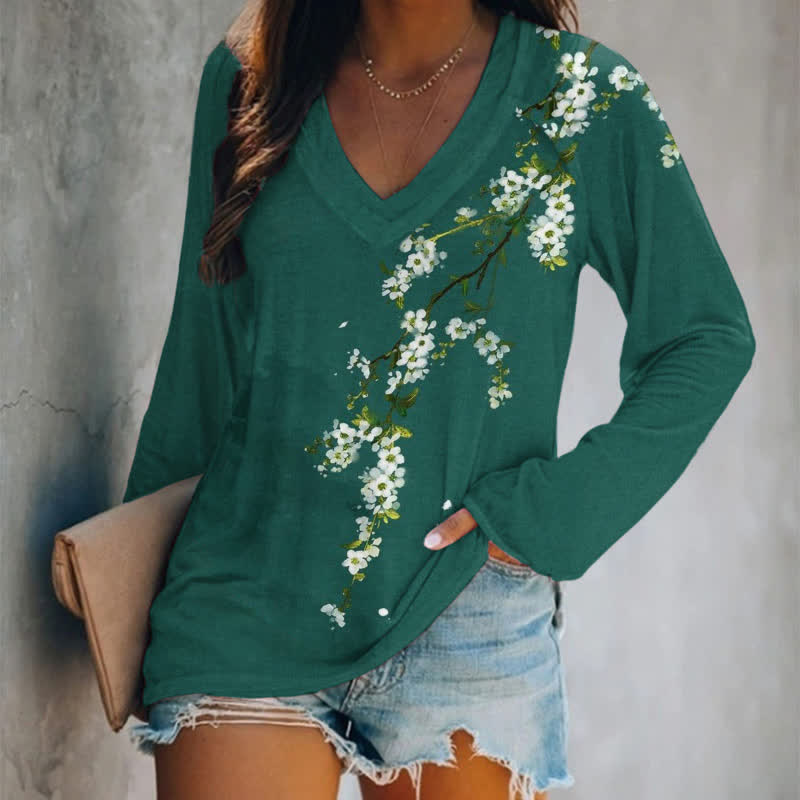 Simple Floral Art Print Long Sleeve T-shirt - Green - 5XL - image 1