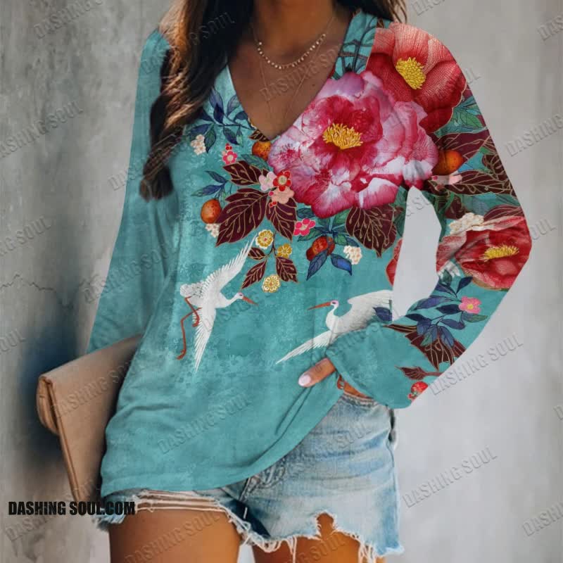 Japanese Flowers And Cranes Art Print Long Sleeve T-shirt - Blue - 5XL - image 1