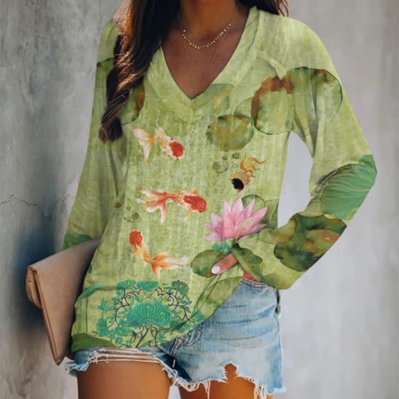 Japanese Goldfish And Lotus Art Print Long Sleeve T-shirt - Green - 5XL - image 1
