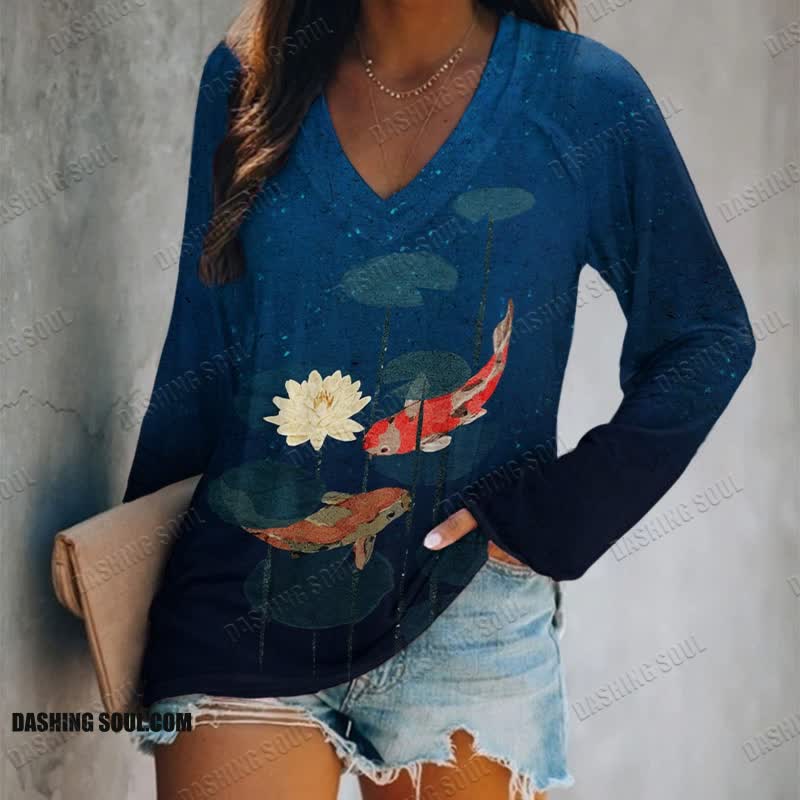 Koi And Lotus Art Print Long Sleeve T-shirt - Dark Blue - 5XL - image 1