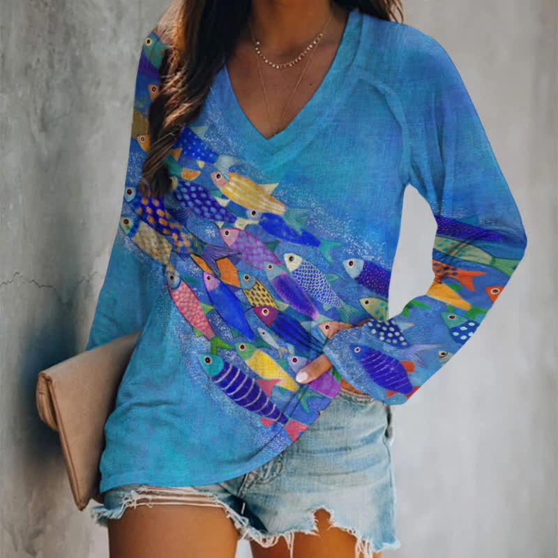 Japanese Colorful Cartoon Fish School Art Print Long Sleeve T-shirt - Blue - 5XL - image 1