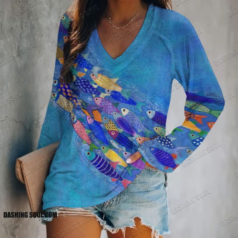 Japanese Colorful Cartoon Fish School Art Print Long Sleeve T-shirt - Blue - 5XL - image 1