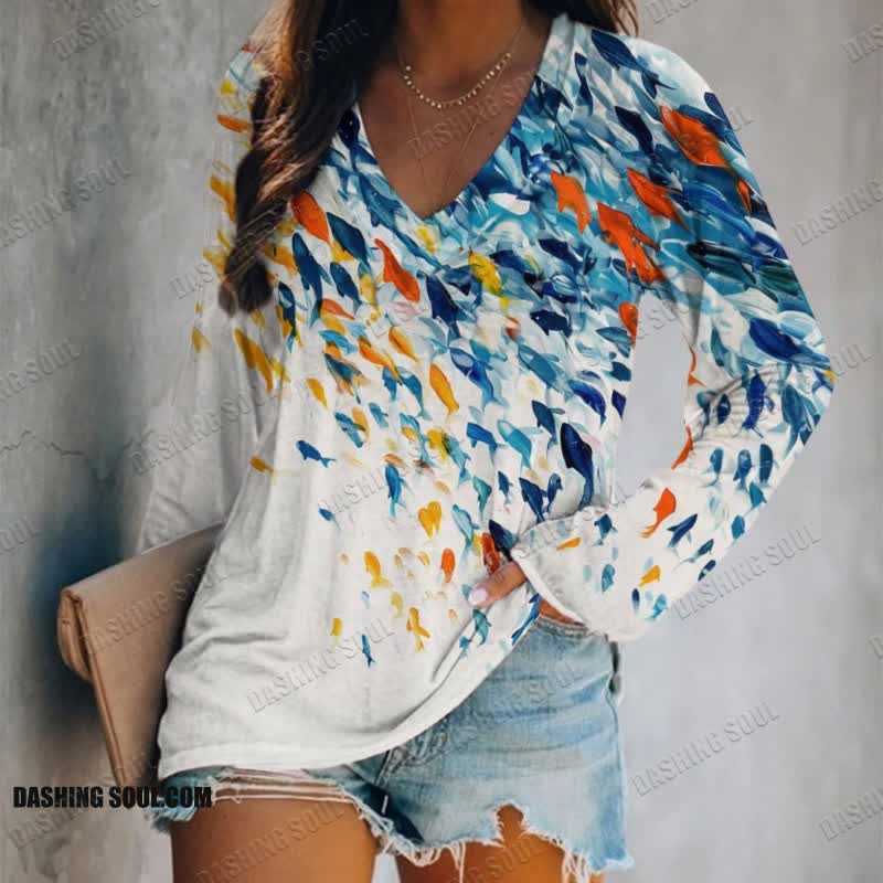 Vintage Abstract Watercolor Fish School Art Print Long Sleeve T-shirt - Beige - 5XL - image 1