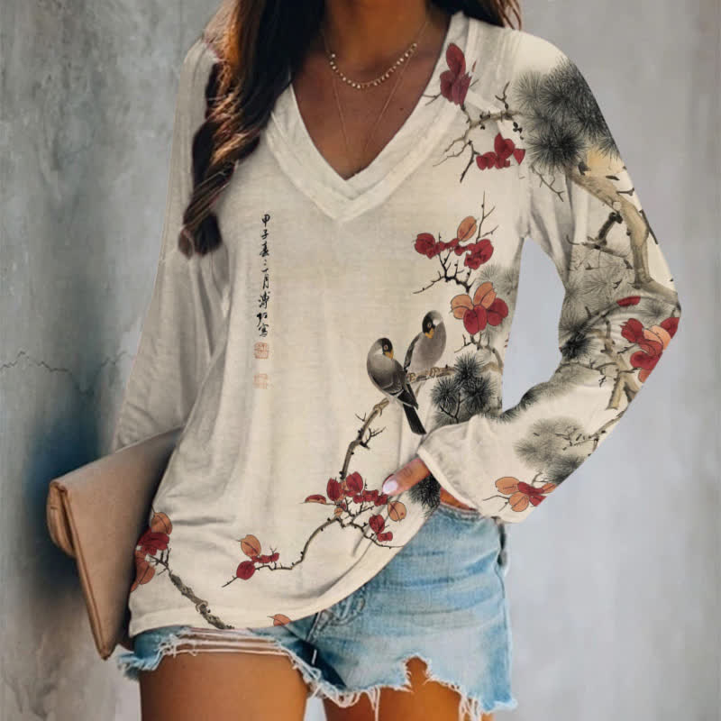 Japanese Vintage Loving Birds On The Tree Print Long Sleeve T-shirt - Apricot - 5XL - image 1