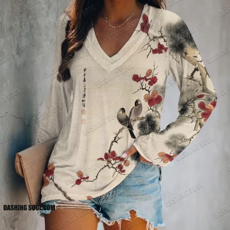 Japanese Vintage Loving Birds On The Tree Print Long Sleeve T-shirt - Apricot - 5XL - image 1