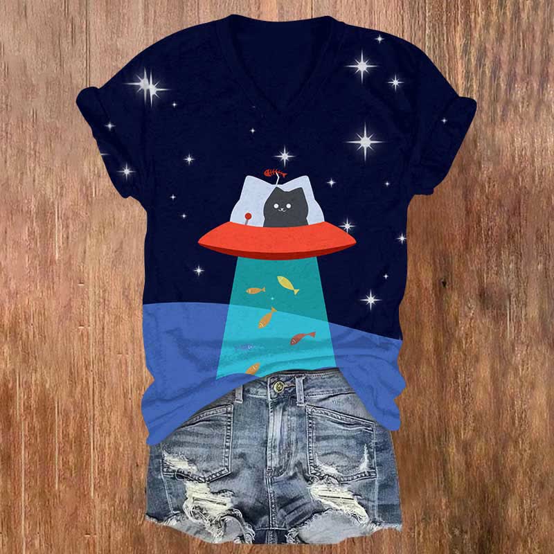 Funny Cat With UFO Catching Fish Print V-neck T-shirt - Dark Blue - US32-34(5XL) - image 1