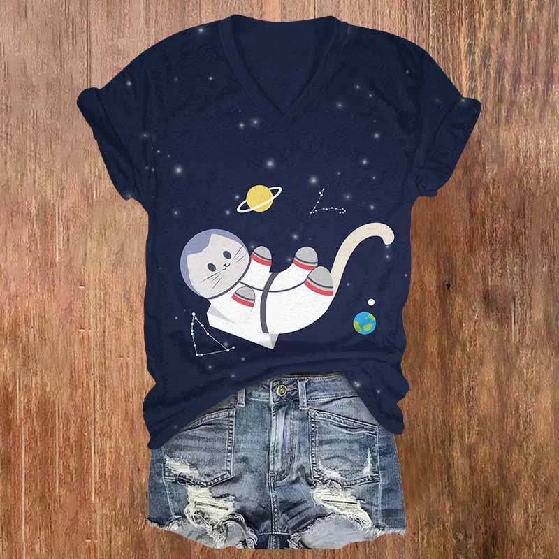 Funny Astronaut Cat In The Space Art Print V-neck T-shirt - Dark Blue - US32-34(5XL) - image 1