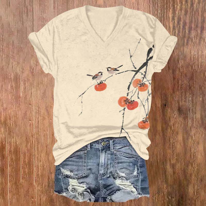 Japanese Ink Watercolor Birds On Persimmon Tree Art Print V-neck T-shirt - Apricot - US32-34(5XL) - image 1