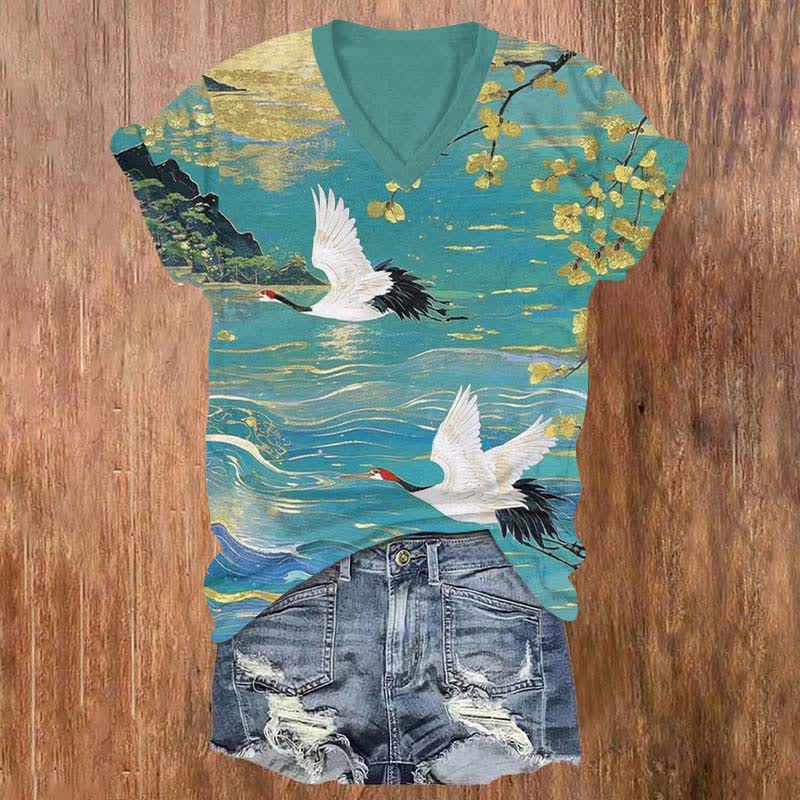 Japanese Vintage Crane Flying Across The Lake Print V-neck T-shirt - Green - US32-34(5XL) - image 1