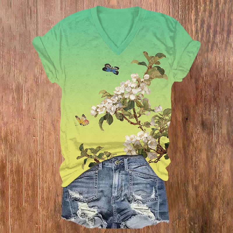Japanese Vintage Butterfly & Pear Blossom Art Print V-neck T-shirt - Green - US32-34(5XL) - image 1