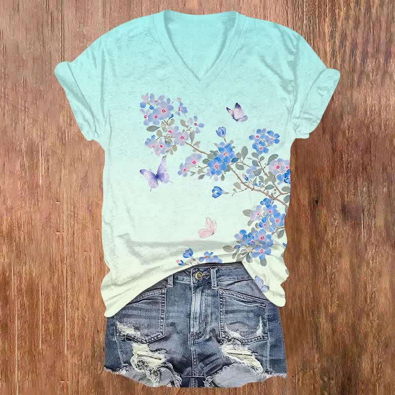 Japanese Ombre Flowers & Butterfly Art Print V-neck T-shirt - Light Blue - US32-34(5XL) - image 3