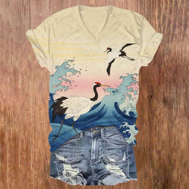 Japanese Cartoon Ocean Wave & Cranes Art Print V-neck T-shirt - Apricot - US32-34(5XL) - image 1