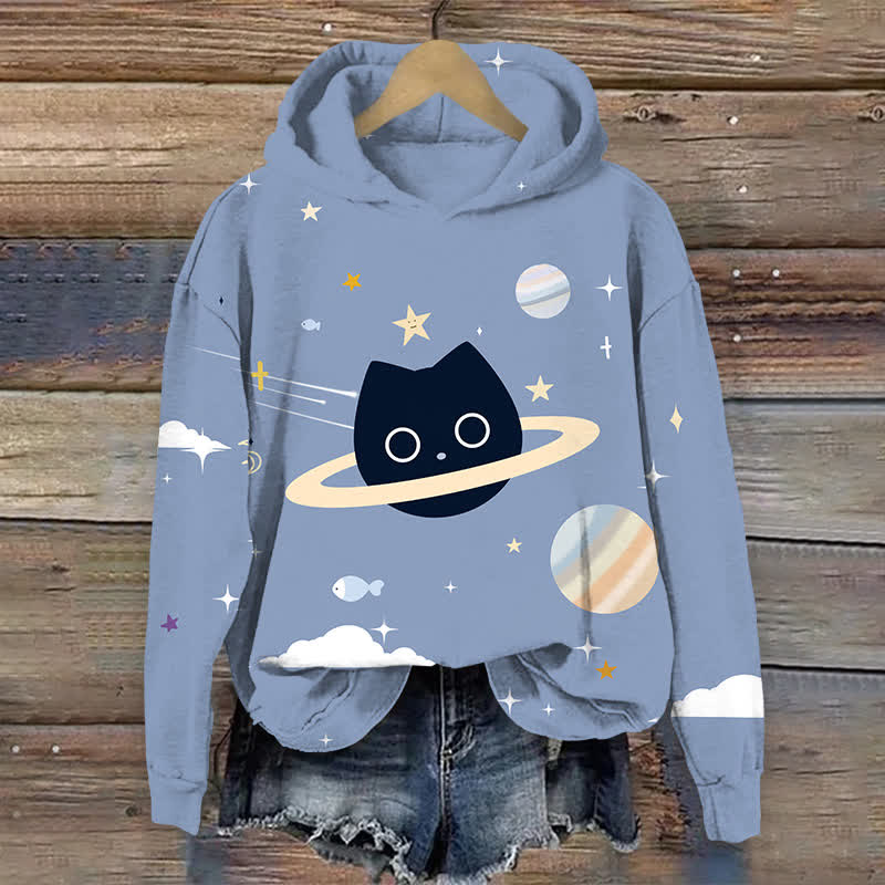 Funny Universe Black Cat Print Long Sleeve Hoodie - Blue - US44-46(8XL) - image 1
