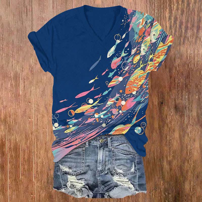 Funny Colorful Fish Surfing Art Print V-neck T-shirt - Blue - US32-34(5XL) - image 1