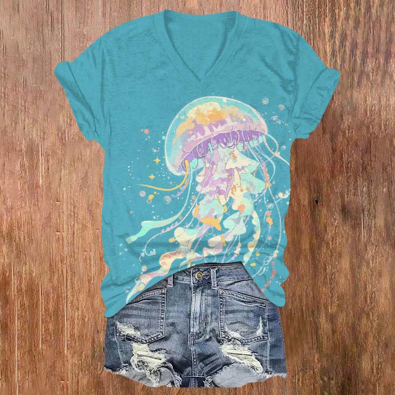 Vintage Wonderful Jellyfish Art Print V-neck T-shirt - Lake Blue - US32-34(5XL) - image 1