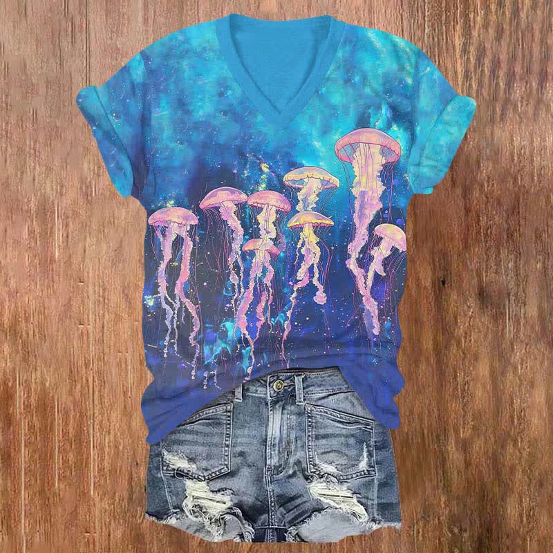 Ombre Pink  Dancing Jellyfish Art Print V-neck T-shirt - Blue - US32-34(5XL) - image 1
