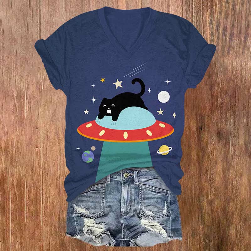 Funny Black Cat Sleeping On UFO Print V-neck T-shirt - Dark Blue - US32-34(5XL) - image 2