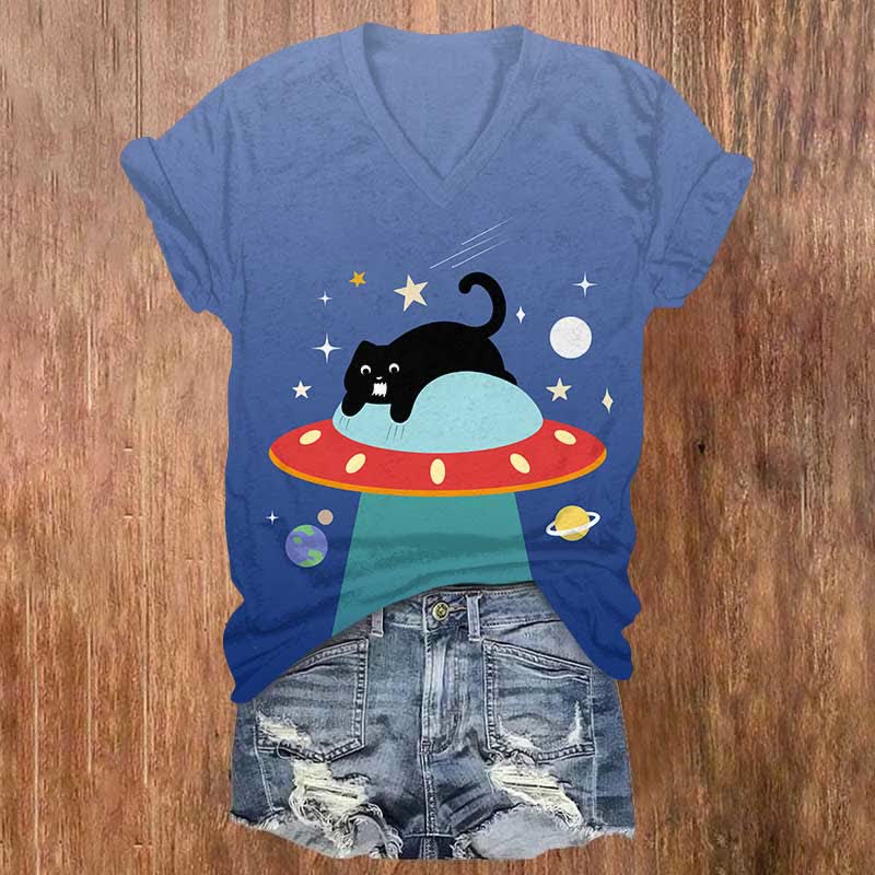 Funny Black Cat Sleeping On UFO Print V-neck T-shirt - Blue - US32-34(5XL) - image 1