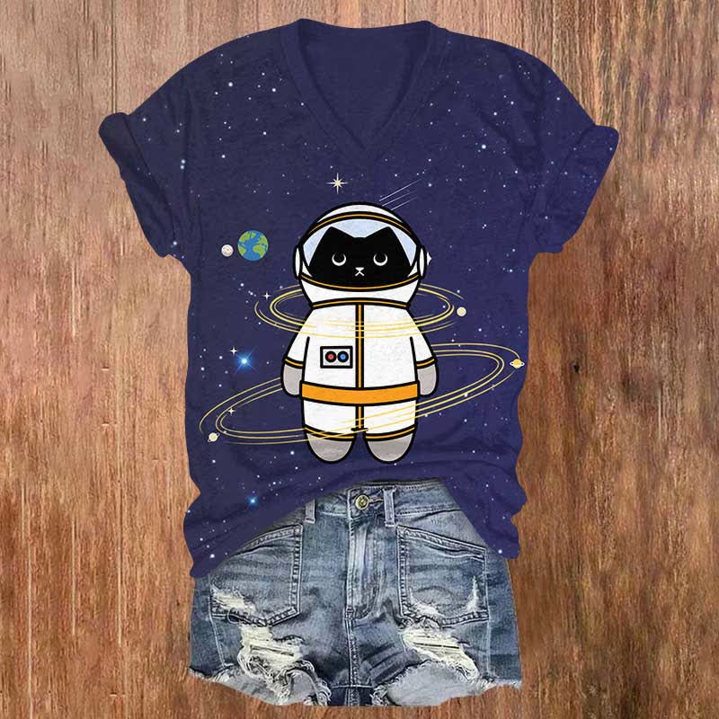 Vintage Spacesuit Star Ring Cat Print V-neck T-shirt - Dark Blue - US32-34(5XL) - image 1