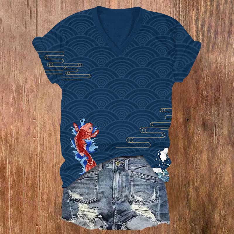 Japanese Koi With Shell & Cloud Patterns Print V-neck T-shirt - Blue - US32-34(5XL) - image 1