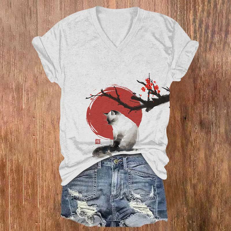 Japanese Sun & Ink Painting Cat Art Print V-neck T-shirt - White - US32-34(5XL) - image 1