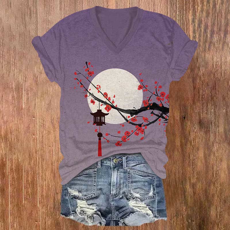 Japanese Sun & Lantern On Plum Blossom Art Print V-neck T-shirt - Purple - US32-34(5XL) - image 1