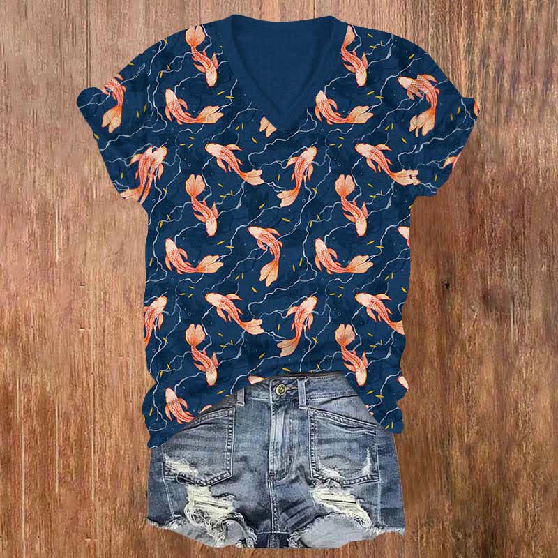 Japanese Vintage Pink Koi Art Print V-neck T-shirt - Blue - US32-34(5XL) - image 1