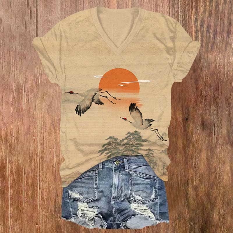 Japanese Watercolor Flying Crane Art Print V-neck T-shirt - Khaki - US32-34(5XL) - image 1