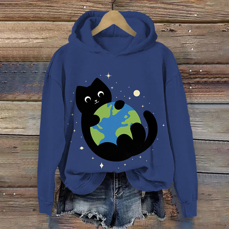 Japanese Lovely Black Cat Holding The Earth Art Print Long Sleeve Hoodie - Blue - US44-46(8XL) - image 1