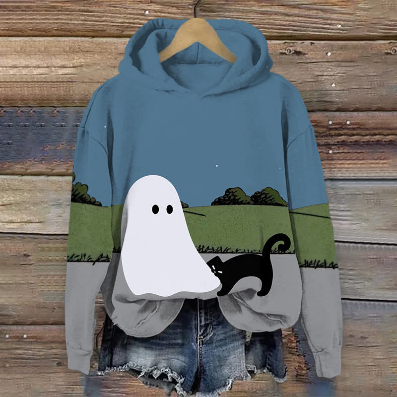 Japanese Funny Black Cat Bite The Ghost Art Print Long Sleeve Hoodie - Blue - US44-46(8XL) - image 1