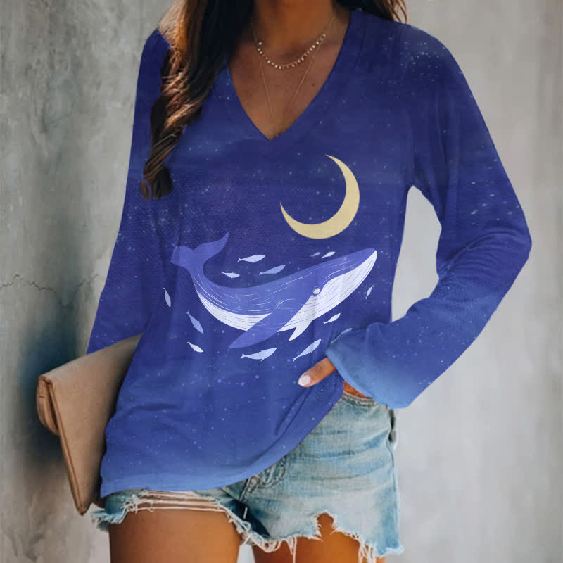 Japanese Starry Whale & Moon Art Print Long Sleeve T-shirt - Blue - 5XL - image 1