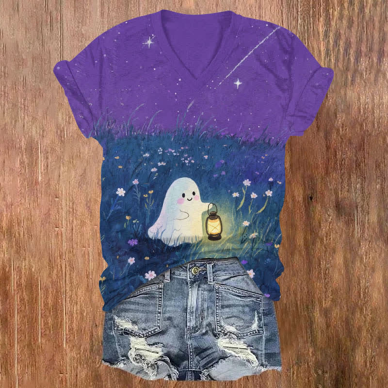 Halloween Lovely Ghost Holding Kerosene Lamp Art Print V-neck T-shirt - Purple - US32-34(5XL) - image 1