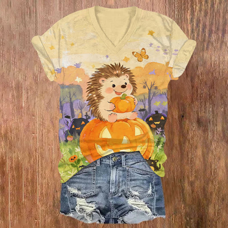 Halloween Cute Hedgehog Holding Pumpkin Art Print V-neck T-shirt - Yellow - US32-34(5XL) - image 1