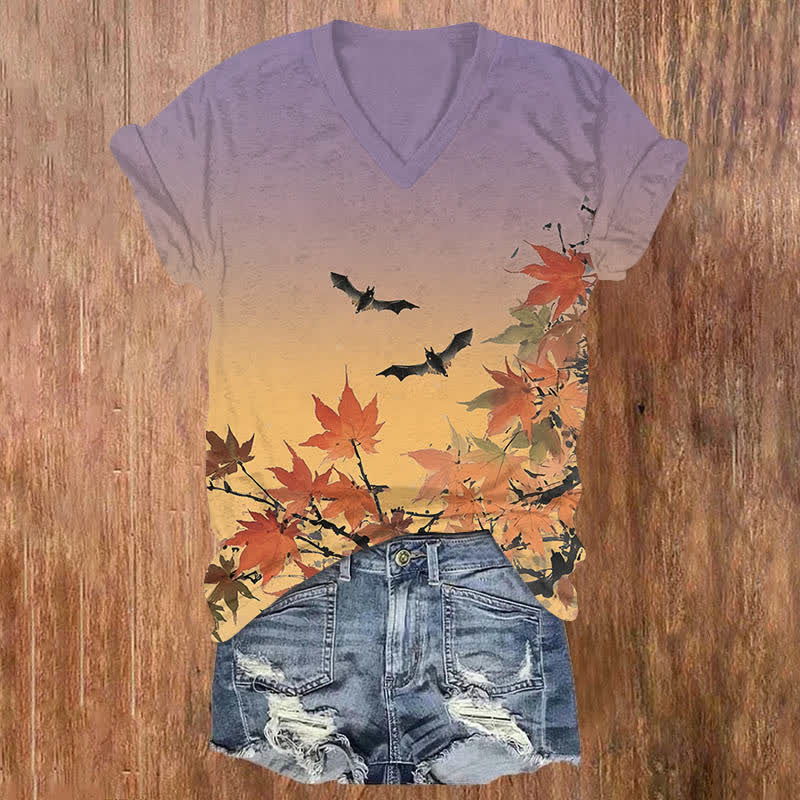 Halloween Vintage Bat Flying Over Maple Tree Print V-neck T-shirt - Purple - US32-34(5XL) - image 1