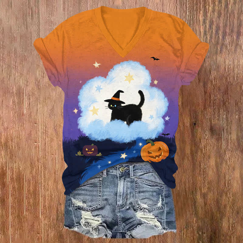 Halloween Magical Wizard Cat Art Print V-neck T-shirt - Orange - US32-34(5XL) - image 1