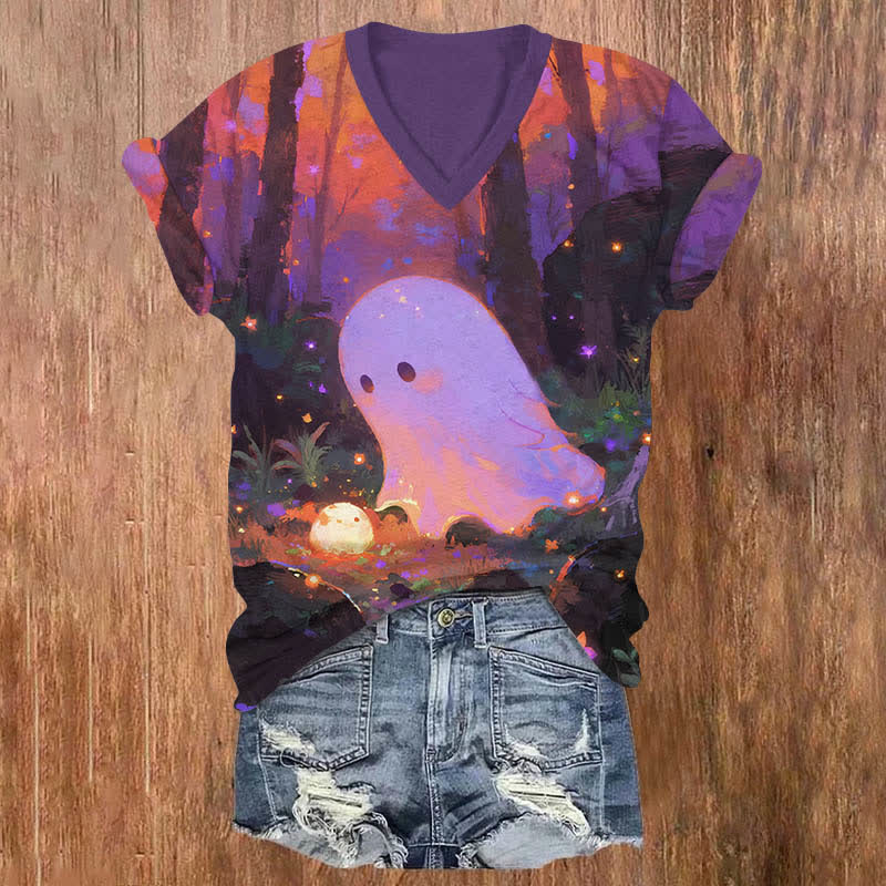 Halloween Starry Glowing Ghost In Forest Art Print V-neck T-shirt - Purple - US32-34(5XL) - image 1