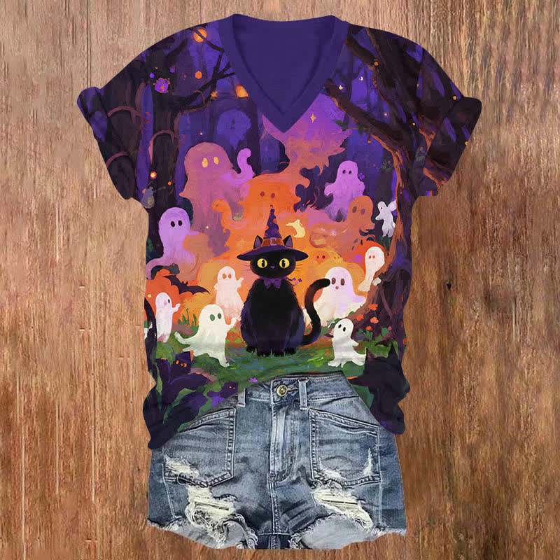 Halloween Wizard Cat Surrounded By Ghost Art Print V-neck T-shirt - Purple - US32-34(5XL) - image 1