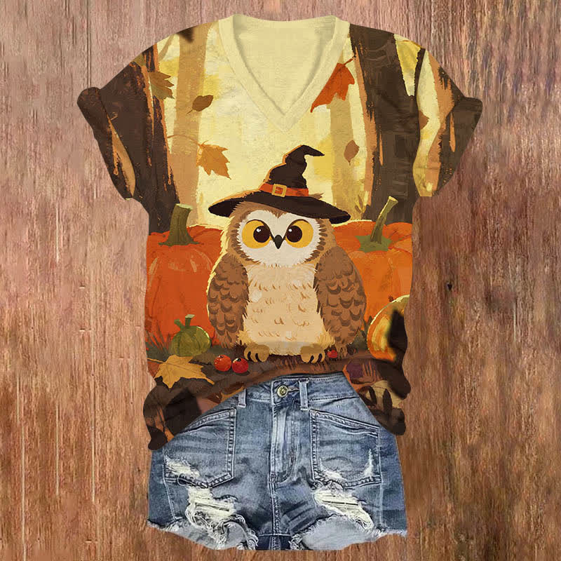 Halloween Wizard Owl & Pumpkin Print V-neck T-shirt - Yellow - US32-34(5XL) - image 1